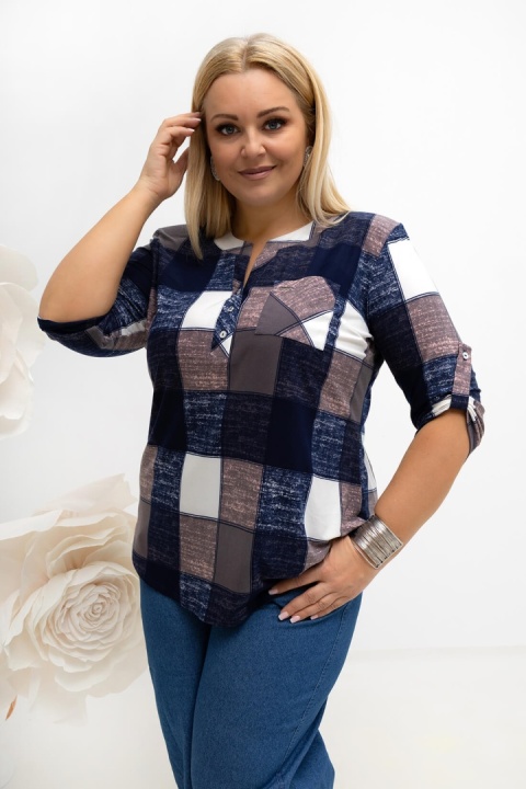 Bluzka Olza Rękawek krótki Polska produkcja Elegancki dekolt w stójke zapinany na 3 guziki Kieszonka Rękawki podwijane na guzik